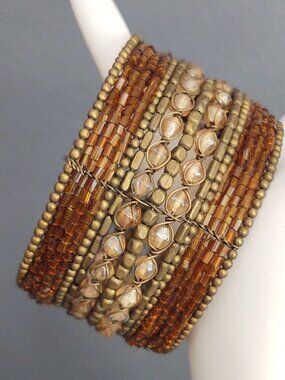 Bugle bead, metal and glass cuff bracelet